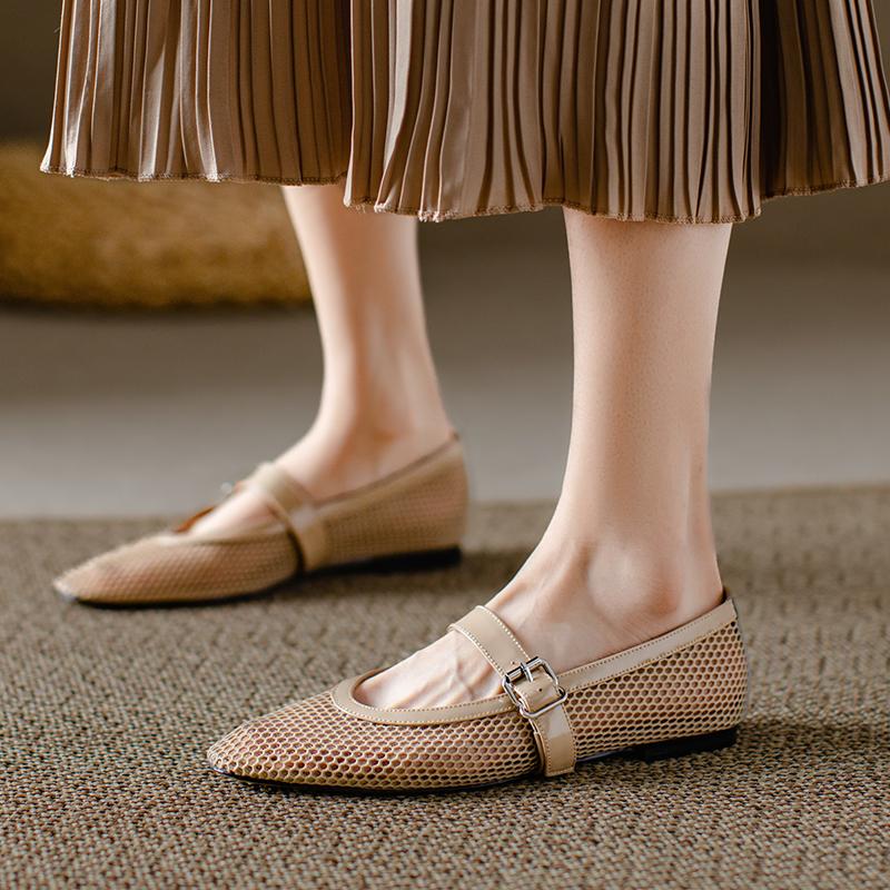 Мода Размер 33-40 2024 Повседневная Мода Женские Туфли на Плоском Каблуке Летние Офисные Вырезы Сетка Пряжка Женские Туфли Мэри Джейн из Натуральной Кожи Женские