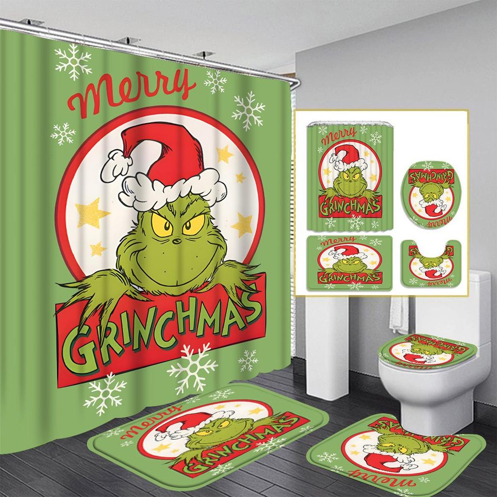 Рождественский узор с зелеными волосами Набор из четырех предметов для занавески для душа с 12 крючками Полиэстеровая водонепроницаемая занавеска для душа.