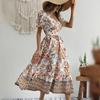 Женское платье миди с V-образным вырезом и короткими рукавами-фонариками в тон с цветочным принтом, с высокой узкой талией, трапециевидной формы, с большими качелями, для отпуска, выпускного вечера, летнего платья миди