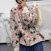 2025 Sweaters Cardigan Autumn Women Large Size Print Flower O-Neck Sweaters Knitting Loose Pink Sweater