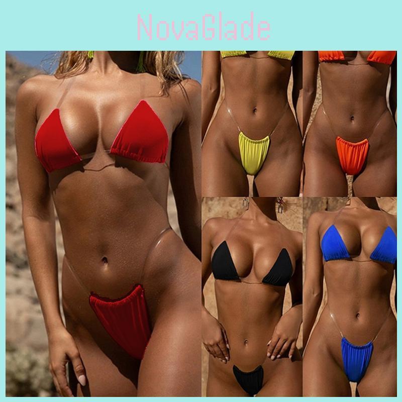 Clear Micro Bikini Straps Women Brazilian Gstring Set Thong Swimsuit Swimwear