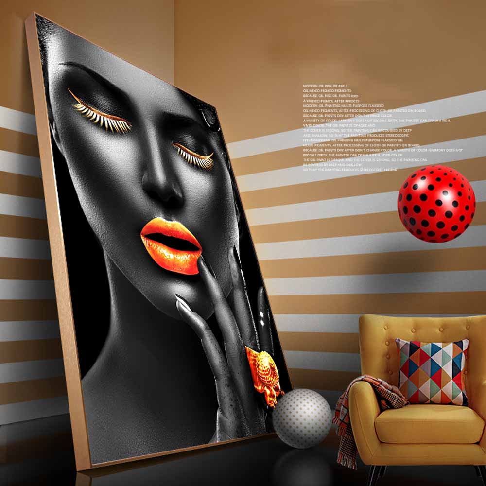 Black Girls Makeup Canvas Art Posters And Prints Sexy Golden Lips Canvas Paintings On the Wall African Art Pictures Home Decor