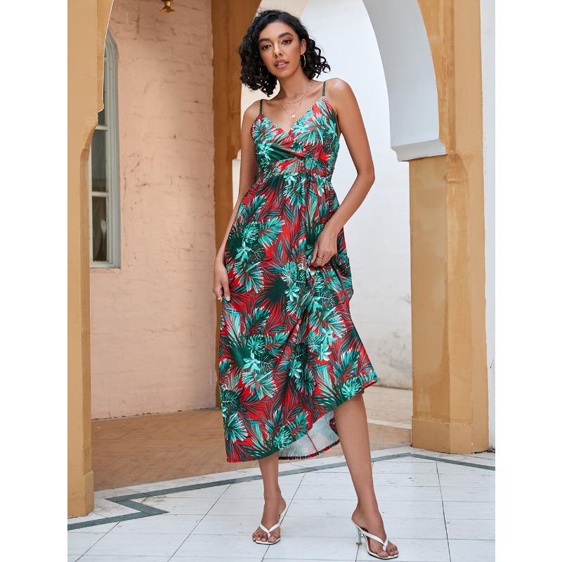 Women's Summer Printed Waist Medium and Long Suspender Dress