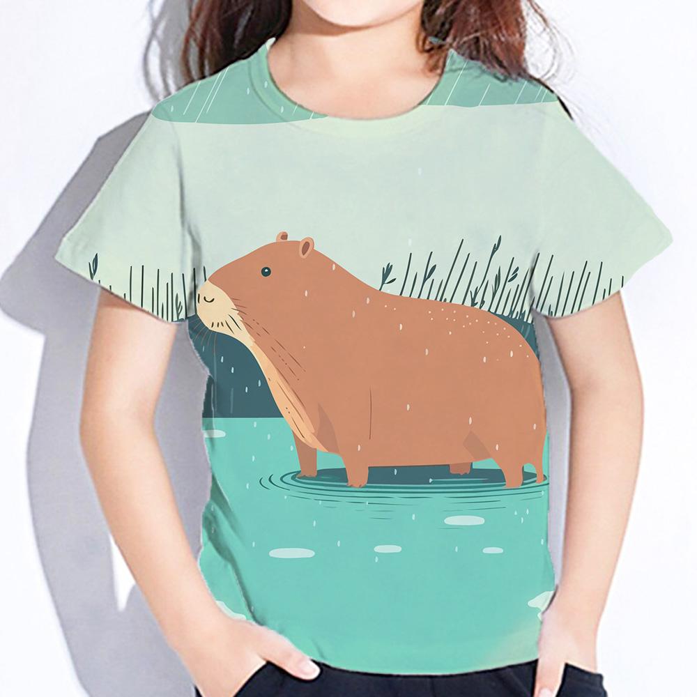 Детская одежда с принтом капибары, футболка для девочек с коротким рукавом, летняя одежда для детей с героями мультфильмов, повседневная одежда для девочек на открытом воздухе, топы