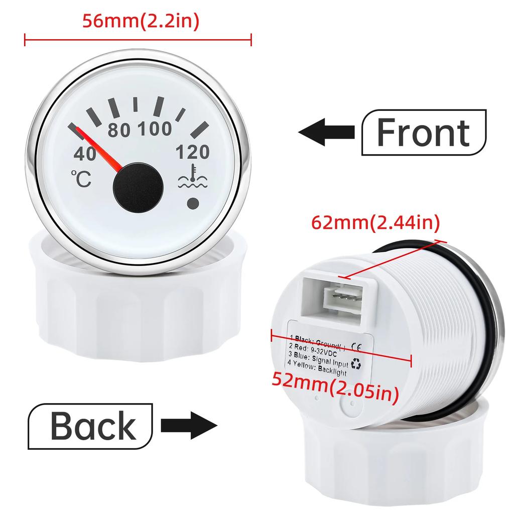 52MM Car temperature indicator 40~120 Celsius Red Backlight With Alarm+10mm Coolant Temperature Sensors for Car Truck Marine