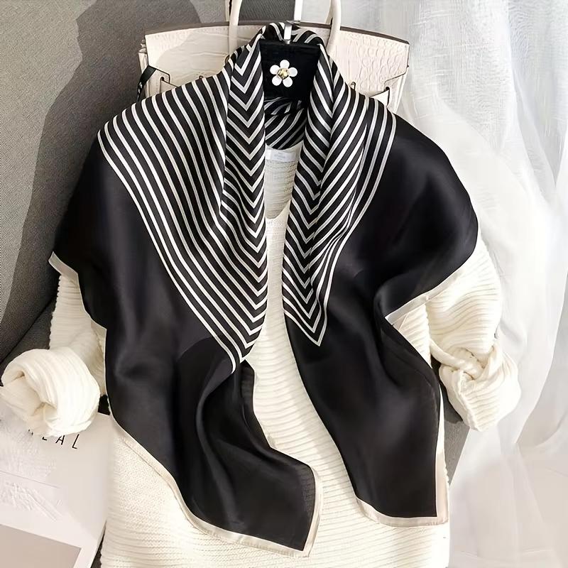 Luxury Striped Shawl Soft Satin Square Scarf Elegant Bandana Imitation Silk Head Wrap Classic Sunscreen Travel Beach Towel