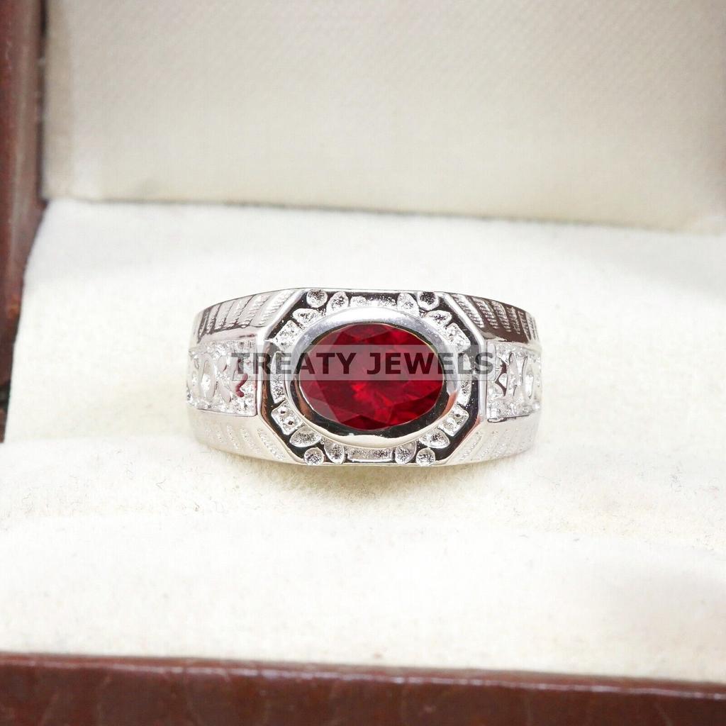Ruby Oval Cut Gemstone With 925 Sterling Silver Ring For Men's #B551 JL375686413327
