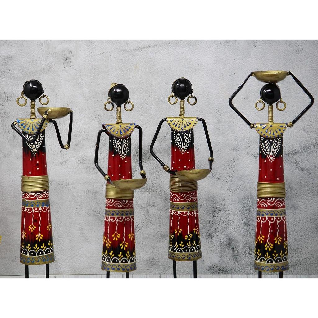 Iron Tribal Village Lady Doll Nerga Worker Showpiece Decorative Items for Home Décor (Length 3 Inch *Height 13.5 Inch) Set of 4 Pcs, Multicolor, Space