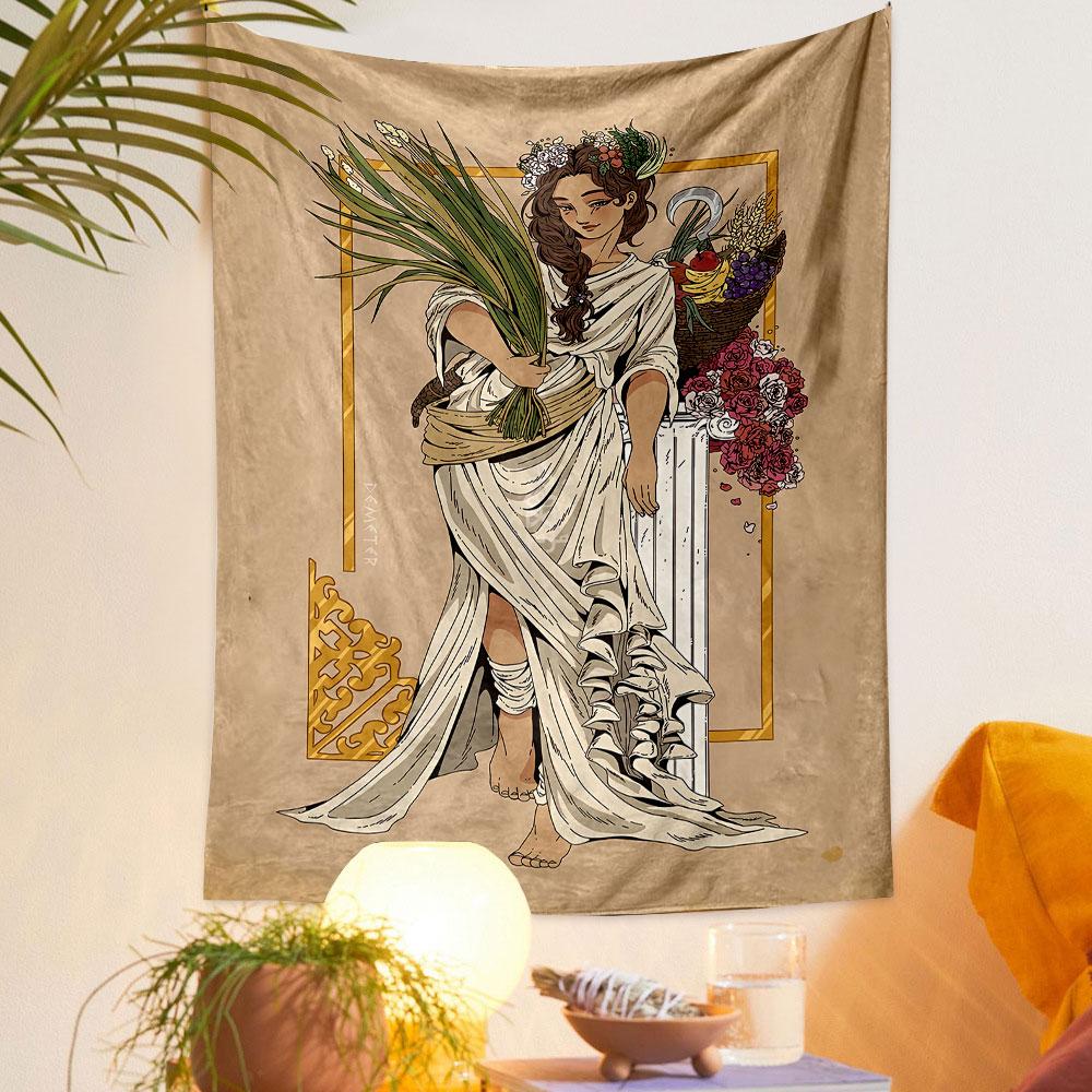 A woman in flowing white attire holds plants, surrounded by fruits and flowers. Patterned tapestry for bedroom and living room home decor