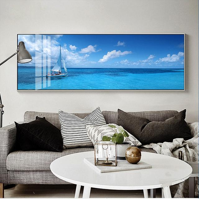Голубое небо, облака, морской пейзаж, лодка, корабль, пейзаж, холст, живопись, постеры и принты, настенные панно для гостиной, домашний декор, без рамки
