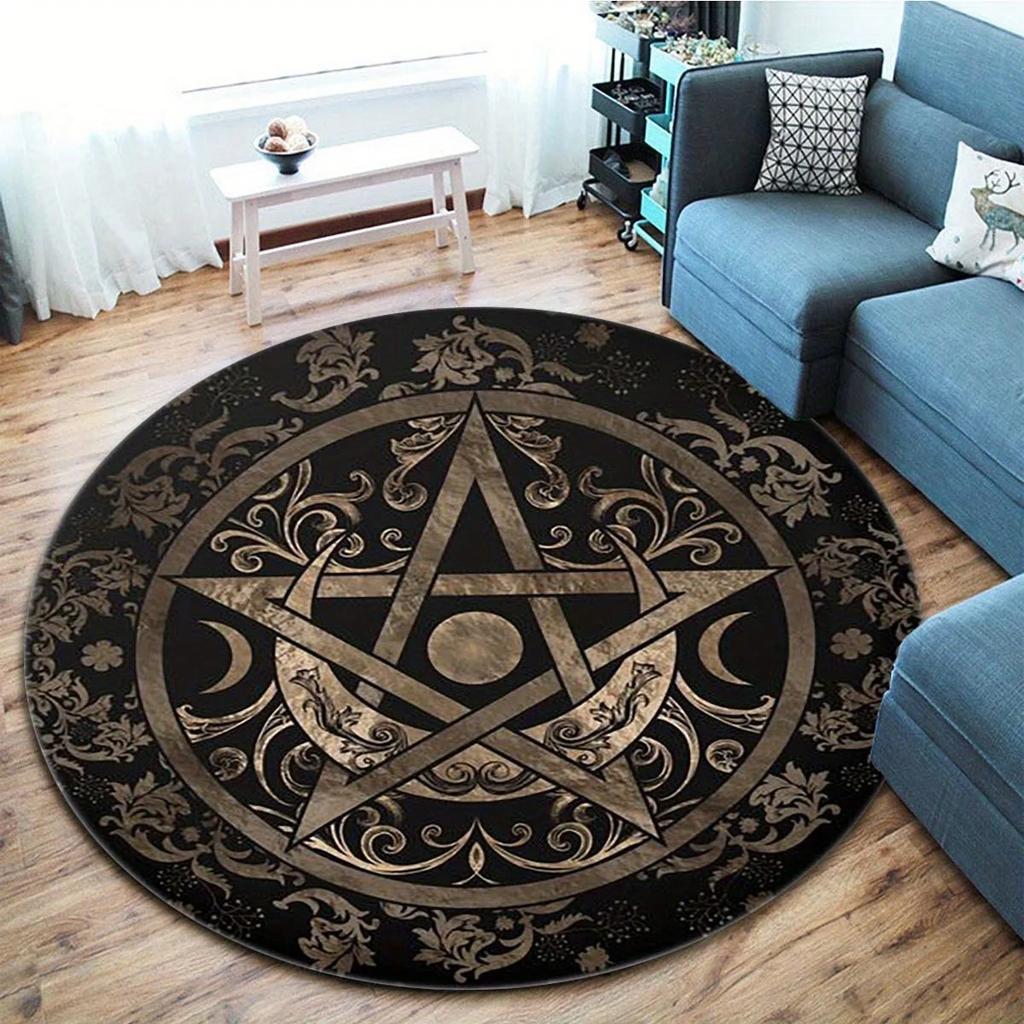 Круглый ковер с изображением пентаграммы и луны в космическом стиле для гостиной, столовой, спальни, стула, коврика для детей, прачечной, балкона, нескользящего ковра для домашнего декора