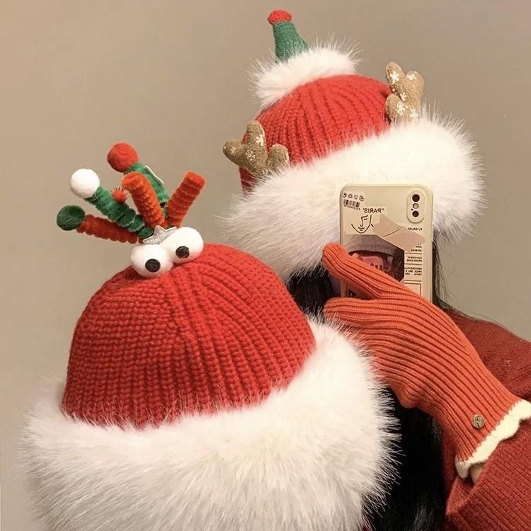Christmas hat funny antlers knitted hat children's fleece thickened thermal ear protection hat atmosphere versatile wool hat