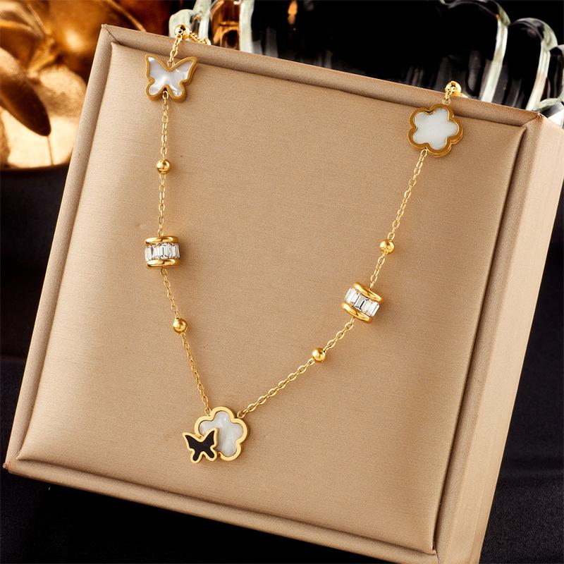 Vintage Layered Staking Exquisite-Butterflies Flower Pendant Necklace Heart Titanium Steel Couples Pendant Necklace