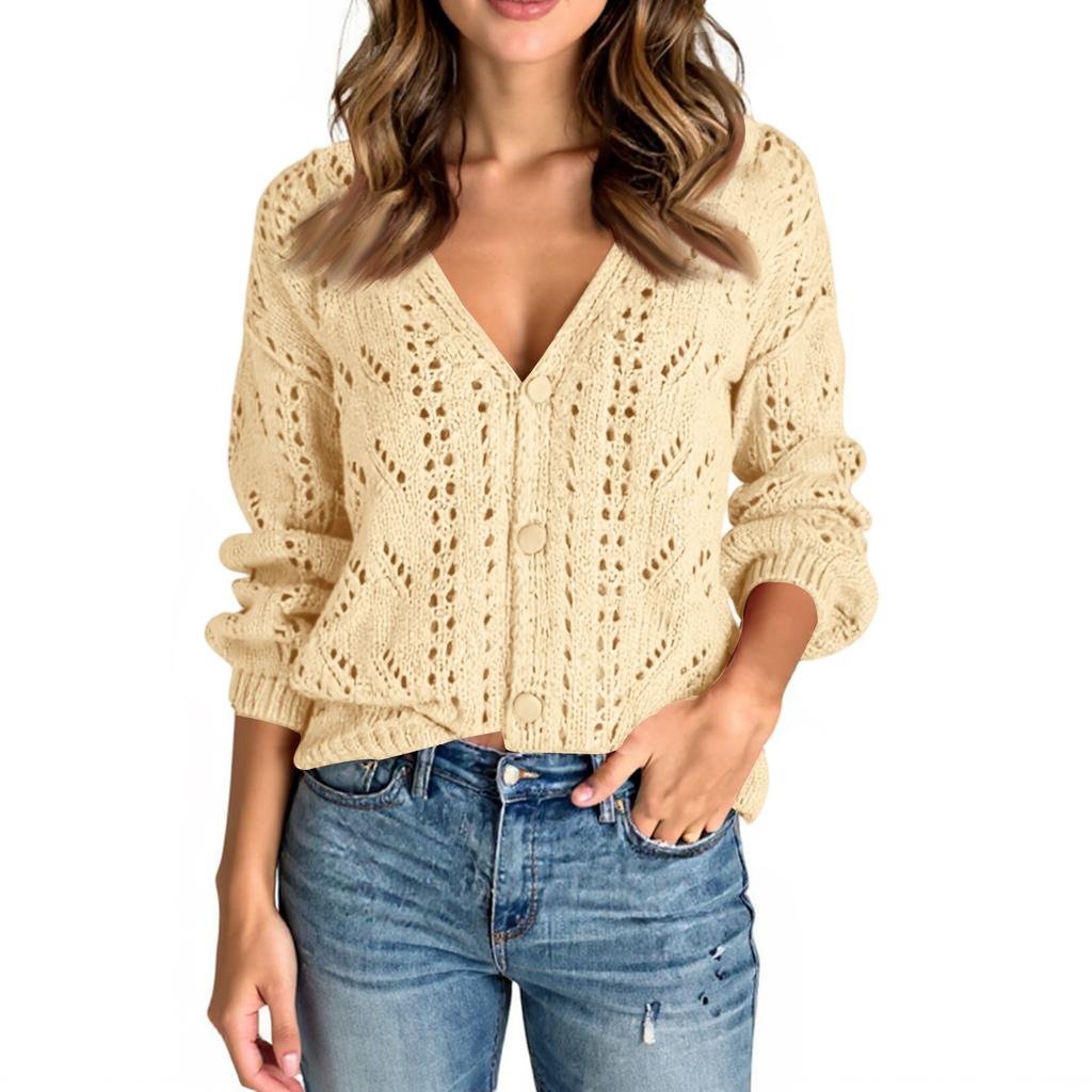Women's Solid Color Long Sleeve Cutout V-Neck Knitted Cardigan Sweater