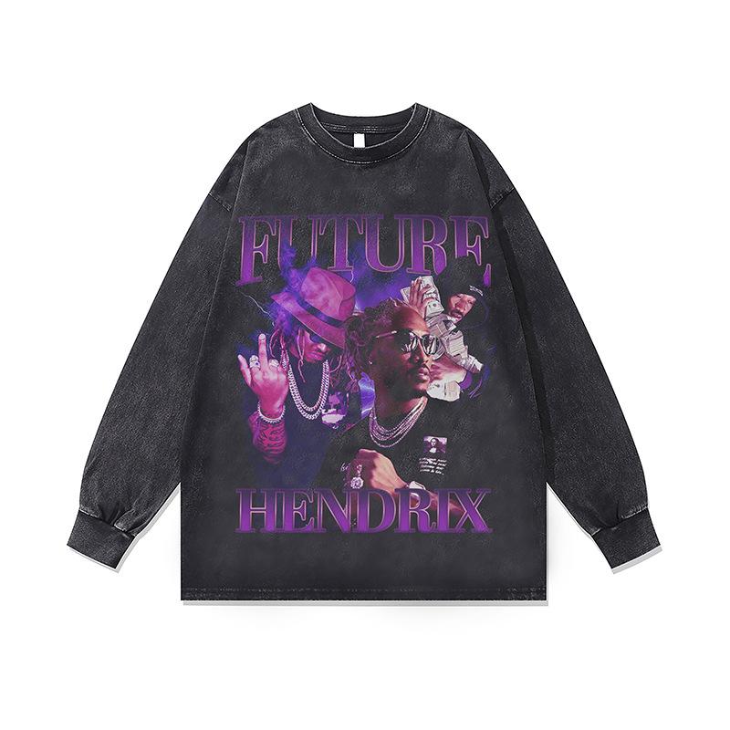 Стирка Ретро Стираная Толстовка с Круглым Вырезом Осень и Зима Новая Американский Хип-Хоп Нижний Слой с Длинным Рукавом Футболка для Мужчин и Женщин