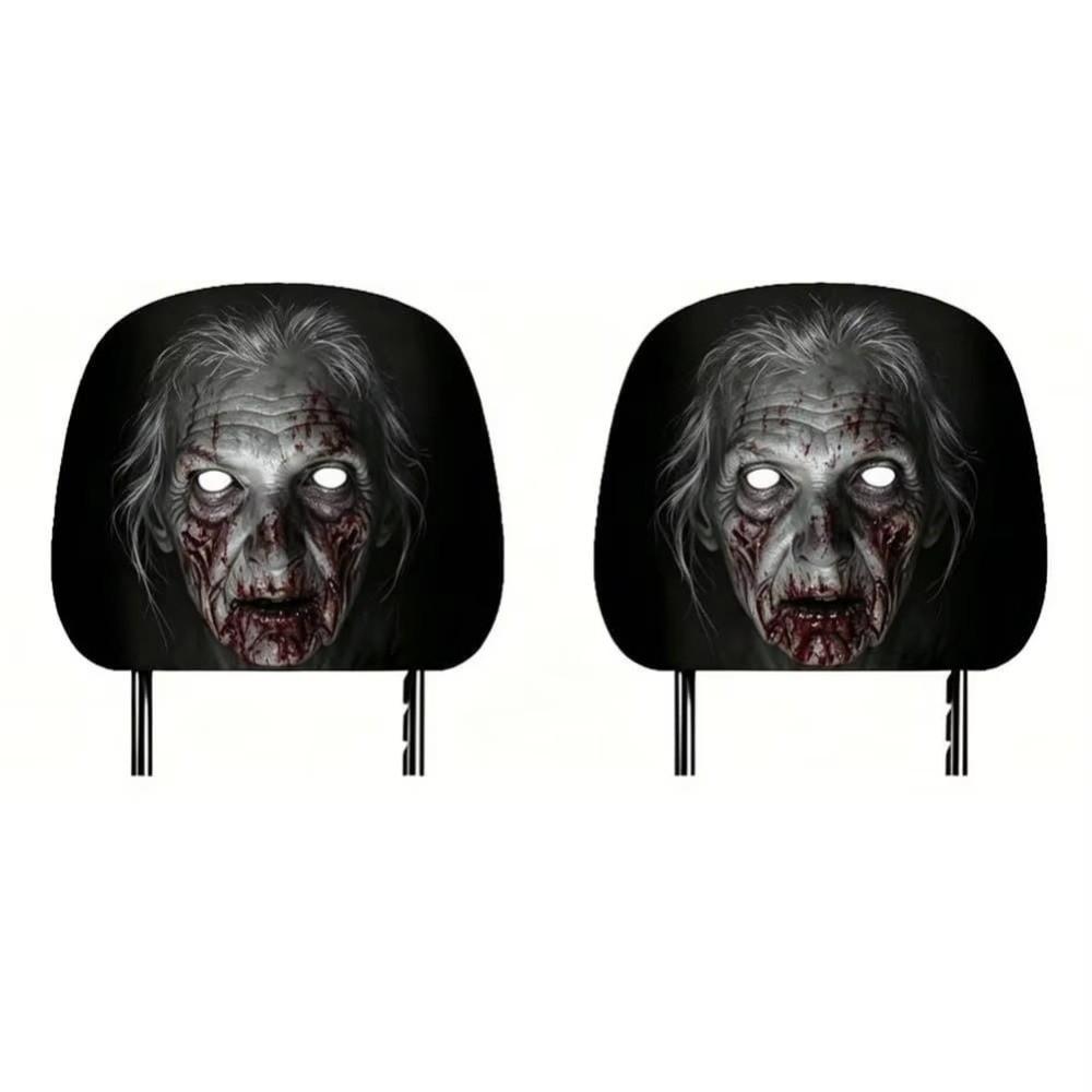 2Pcs Black Car Headrest Cover Scary Face Printing Car Headrest Protector Car Seat Cover  Halloween