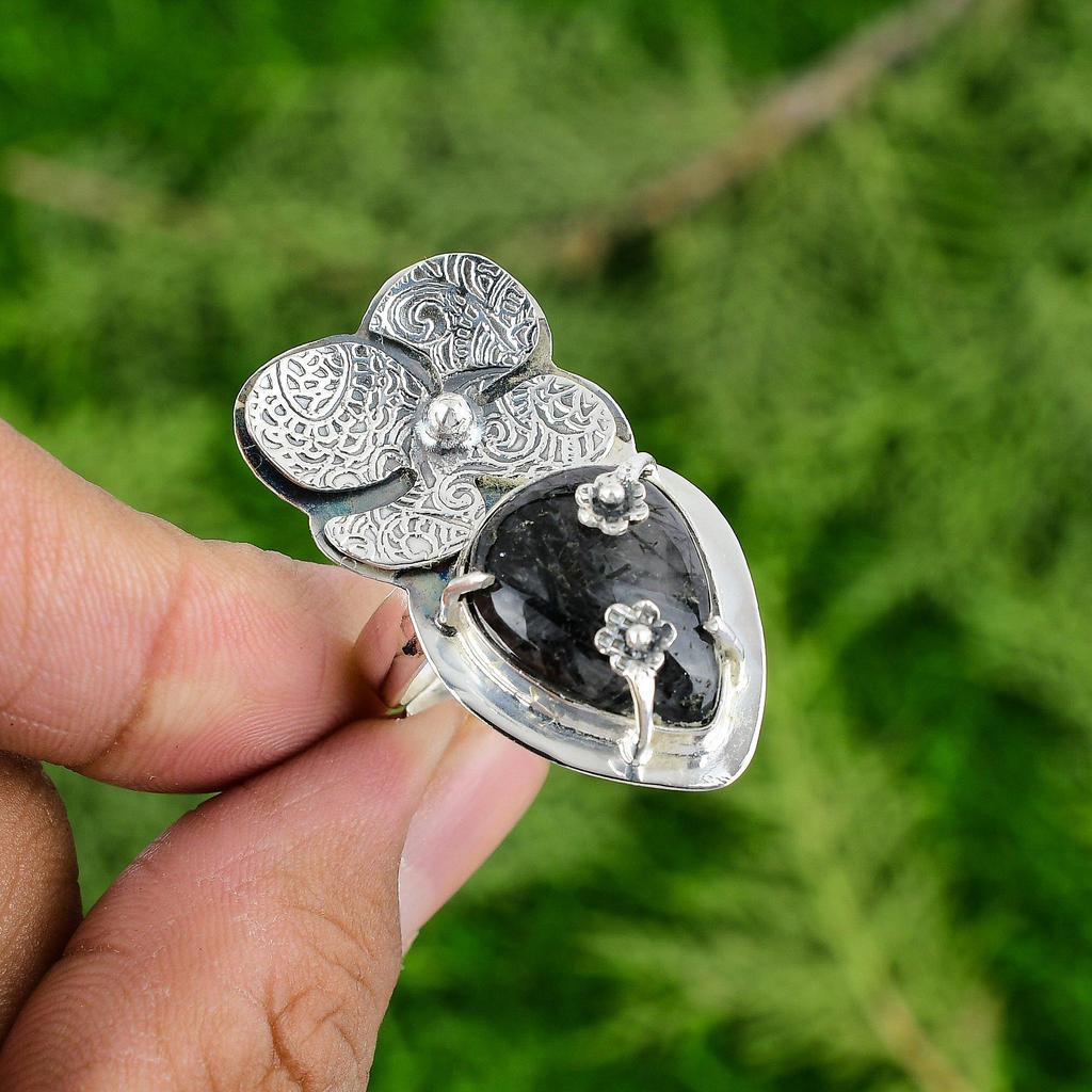 925 Sterling Silver Black Rutilated Quartz Stone Promise New Flower Ring Jewelry