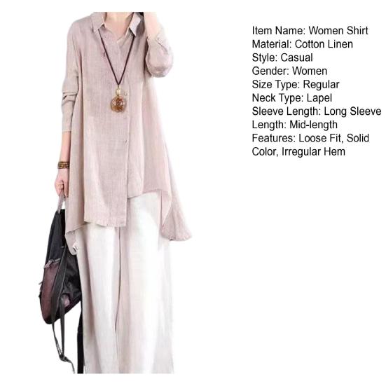 Women Shirt Lapel Long Sleeve Single Breasted Shirt Tops Irregular Hem Solid Color Mid-length Leisure Shirt