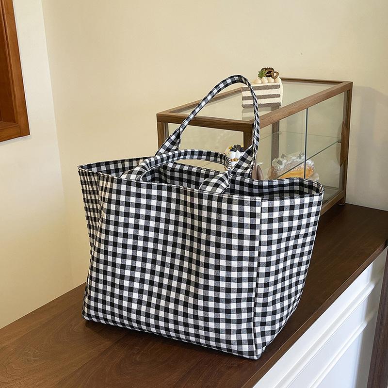 Вместительные клетчатые женские холщовые сумки через плечо, простые повседневные женские сумки для покупок, сумки-тоут для книг для студенток, дорожные сумки