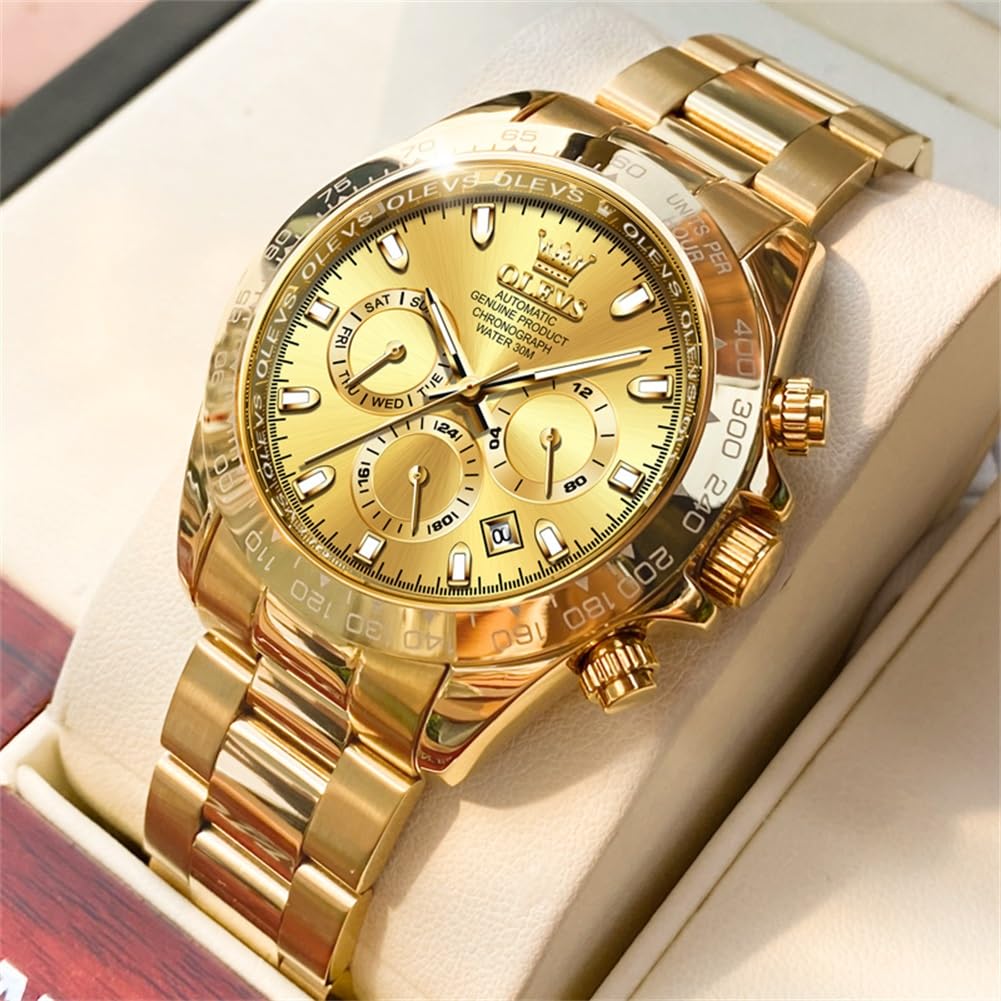 Часы OLEVS, золотые механические наручные часы, популярные часы с автоматическим заводом, золотой ремень, водонепроницаемость 3 АТМ, светящийся календарь, дата, скелетон, мода, роскошь