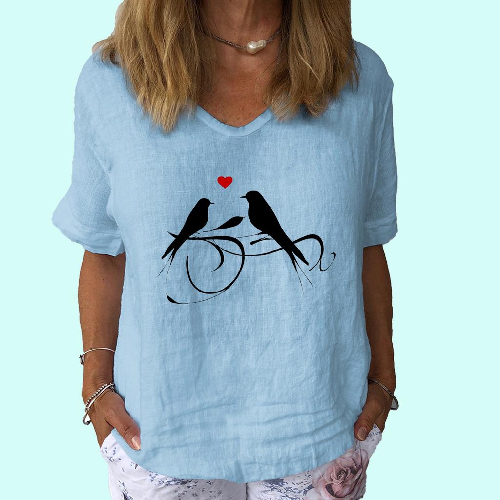 Women Fashion Short Sleeve Top Summer Casual V Collar Shirt Ladies Print Cotton Linen T-shirt