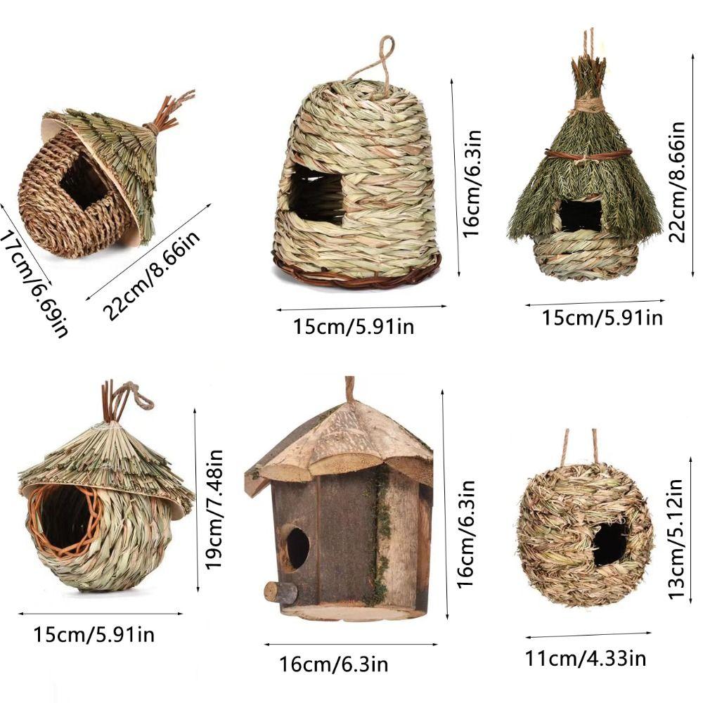 Straw 6 Style Birds House Weaved Natural Grass Parrot Breeding Hut Wooden Outdoor Decorative Hummingbird Cage Shelter