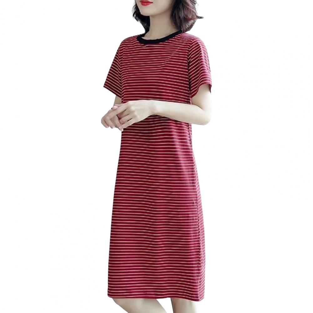 Women Casual Striped Middle Dress Short Sleeve Loose Round Neck Summer Lightweight Comfortable Office Beach Party Dress