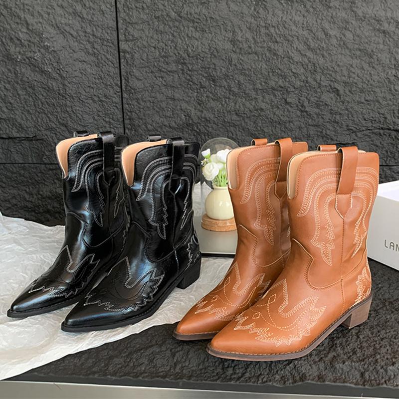 Мода осень зима 2024 ковбойские сапоги в стиле вестерн женские сапоги с вышивкой мотоциклетные сапоги из искусственной кожи до середины голени 35-40