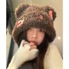 Cute Bow Bear Cat Plush Hat Female Autumn and Winter Show Small Face Warm Ear Protection Big Head Circumference Hat