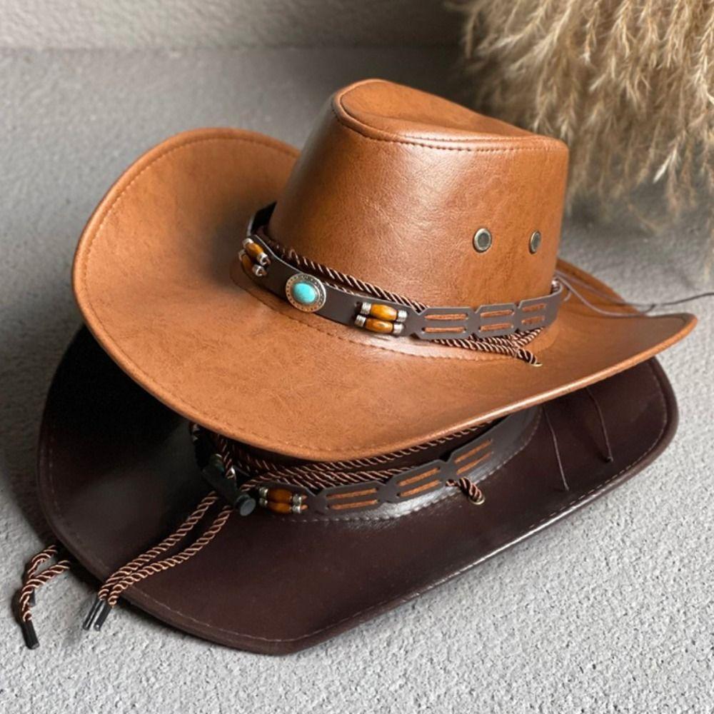 Solid Color Western Cowboy Hats Faux Leather Dress Hats High Quality Jazz Cap Unisex
