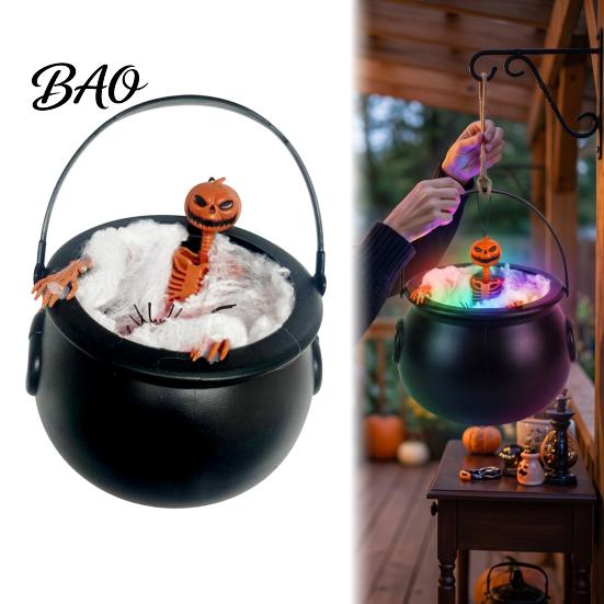 Indoor Halloween Scene Layout Cauldron Light, Color Changing Glowing Pumpkin Skull Hanging Scary Head Decor Decor, Spooky Yard Prop for Party Outdoor