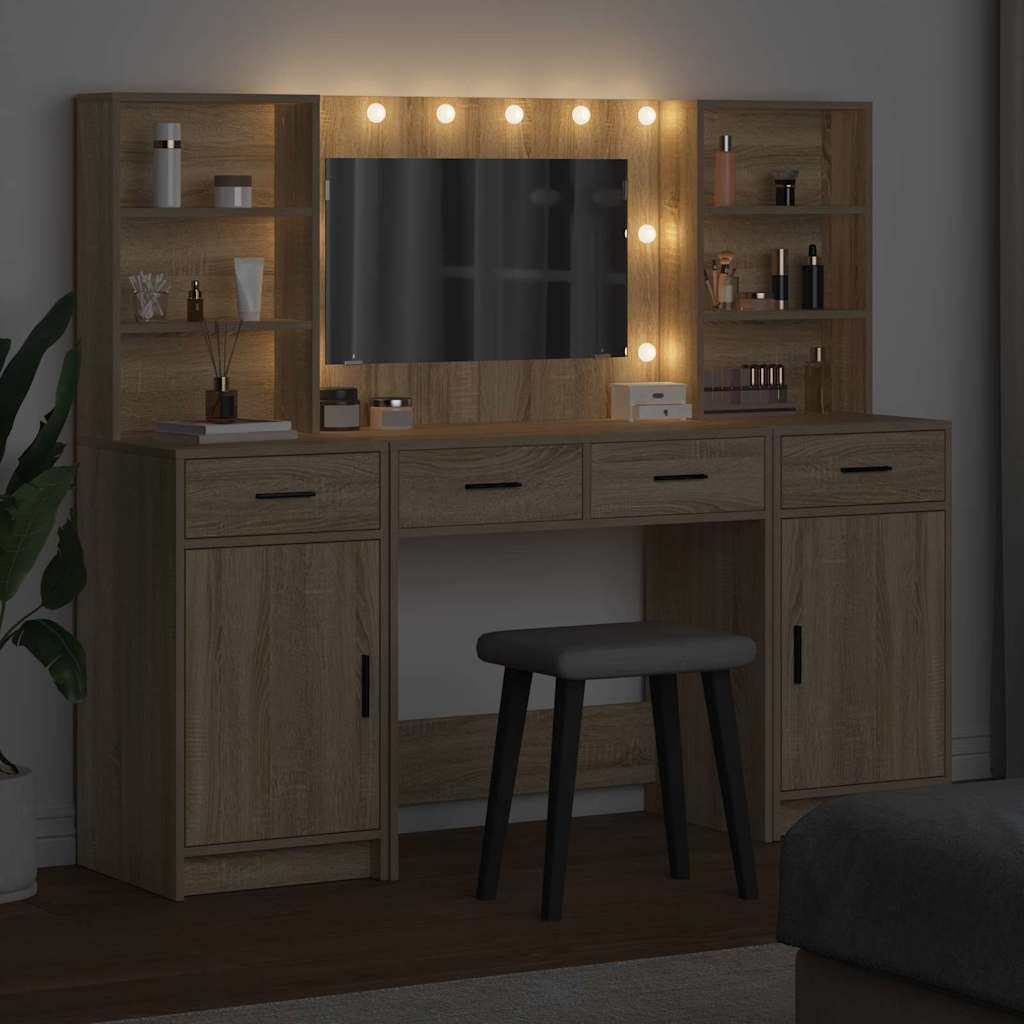 Makeup Table Set with LED Lights 3 pcs Sonoma Oak Wood Based Material