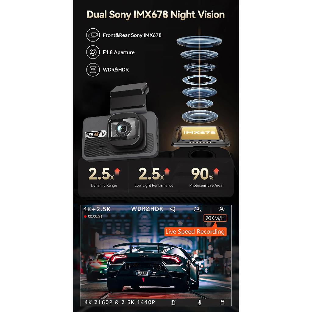 Dash Cam UHD 3840*2160P  4K + 2.5K Dual Lens Car DVR with ADAS 5G WiFi GPS Black Box Video Drive Recorder WDR/HDR Night Vision