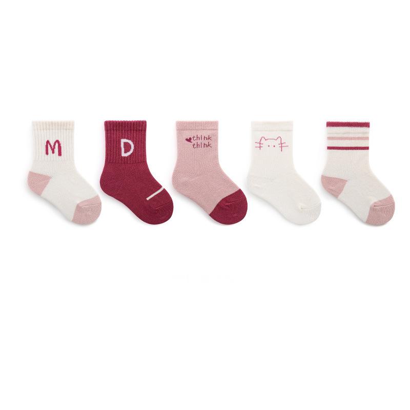 2023 5 Pairs Set Breathable Organic Cotton Crew Socks Cute Design for Infant Baby Kids Boys and Girls