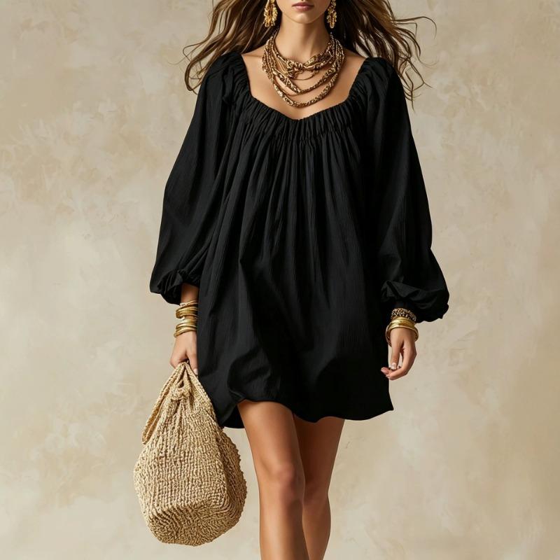 Bohemian Loose Lantern Sleeve Solid Color Mini Dress For Vacation