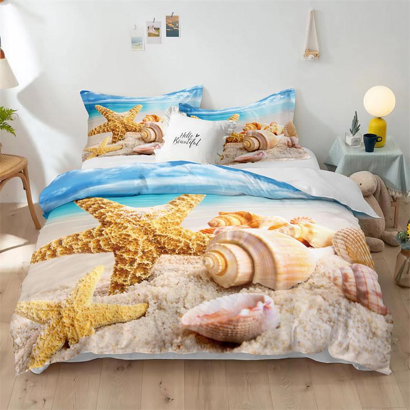 Beach Theme Duvet Cover Set Blue Ocean Bedding Set King Queen For Kids Girls Microfiber Seashell Starfish Print Comforter Cover
