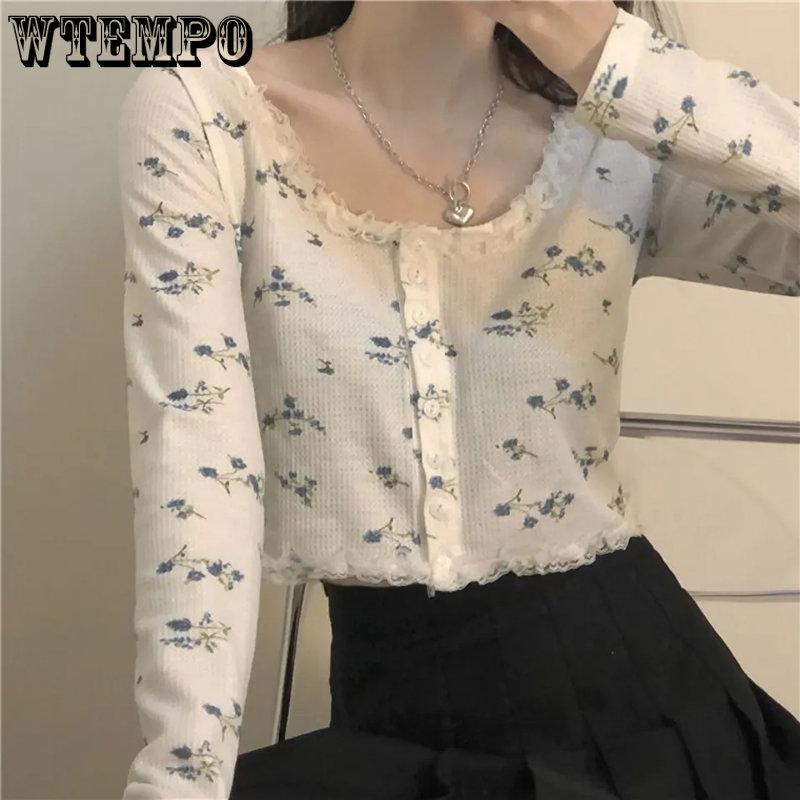 WTEMPO Женские корейские шикарные кардиганы, милые укороченные топы, лоскутные кружевные однобортные топы для девочек, универсальные однобортные топы в стиле ретро