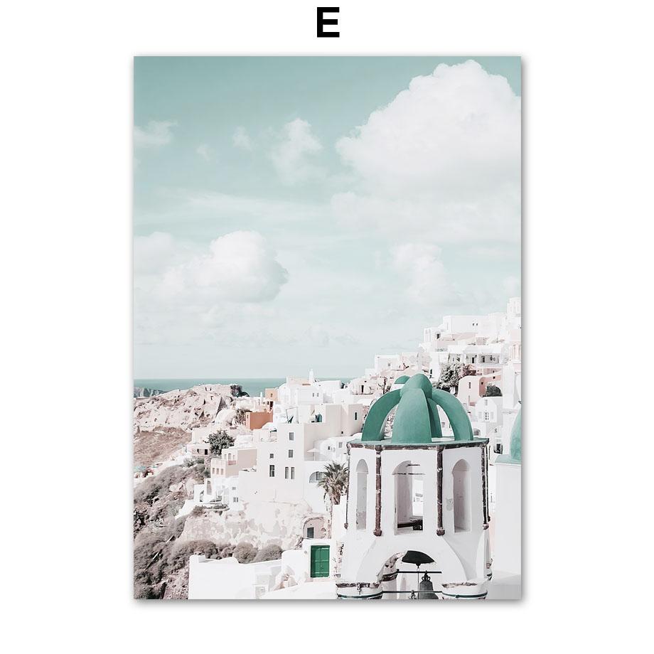 Santorini White House Beach Sea Portal Flowers Stone Nordic Poster Print Canvas Painting Wall Art Pictures Living Room Decor
