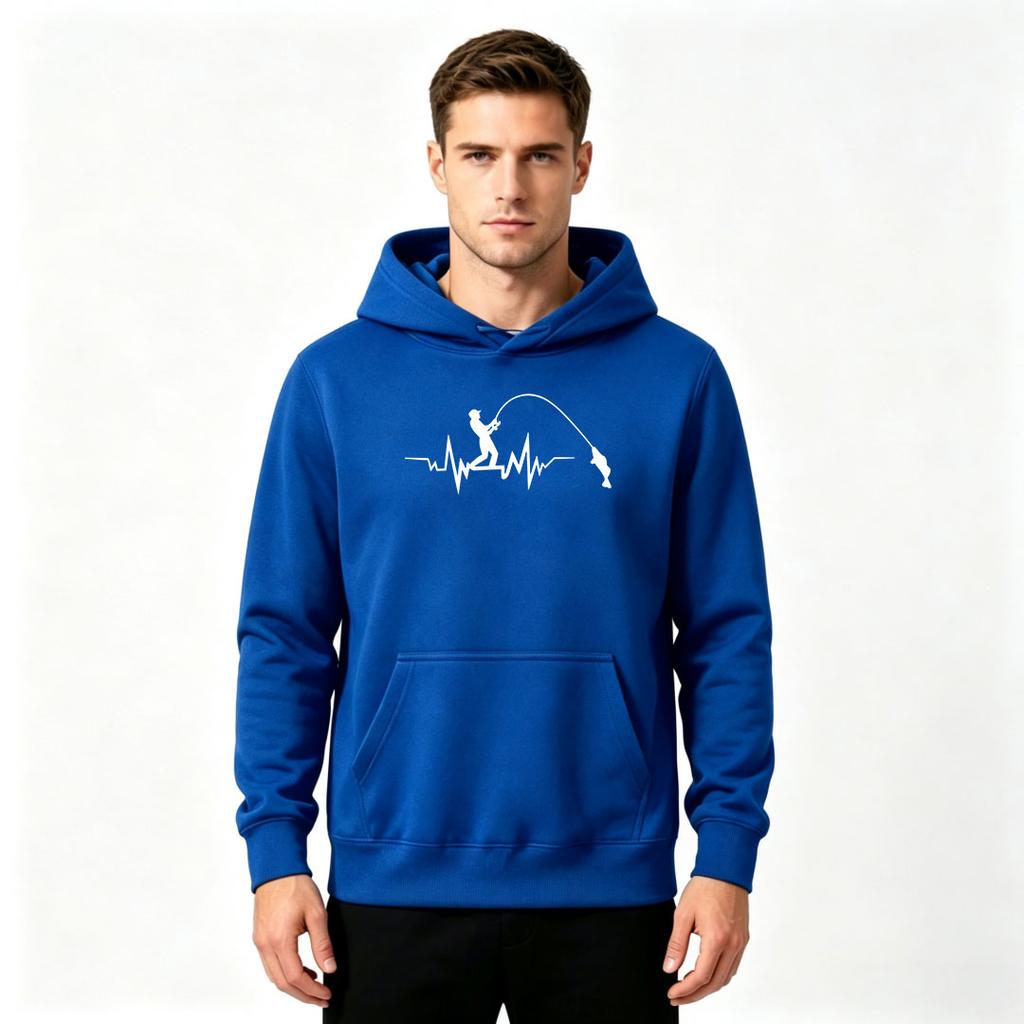 Men's Funny Fishing Heartbeat Print Pullover Hoodie Casual Long Sleeve Sweatshirt