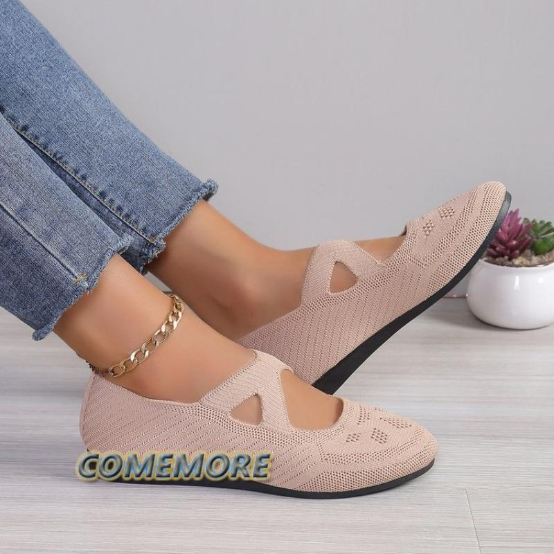Эластичные трикотажные туфли на плоской подошве для женщин 2024 года, летние дышащие мягкие лоферы, женские легкие повседневные туфли без застежек, мокасины для мам