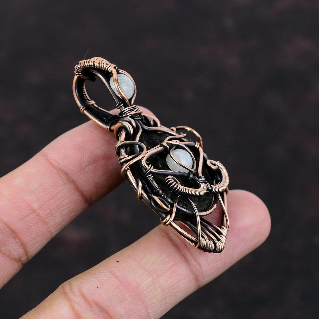 Подвеска из молдавита от сглаза, медная проволока, подвеска из радужного лунного камня, подвеска из драгоценного камня, свадебный подарок, ювелирные изделия из медной проволоки ручной работы