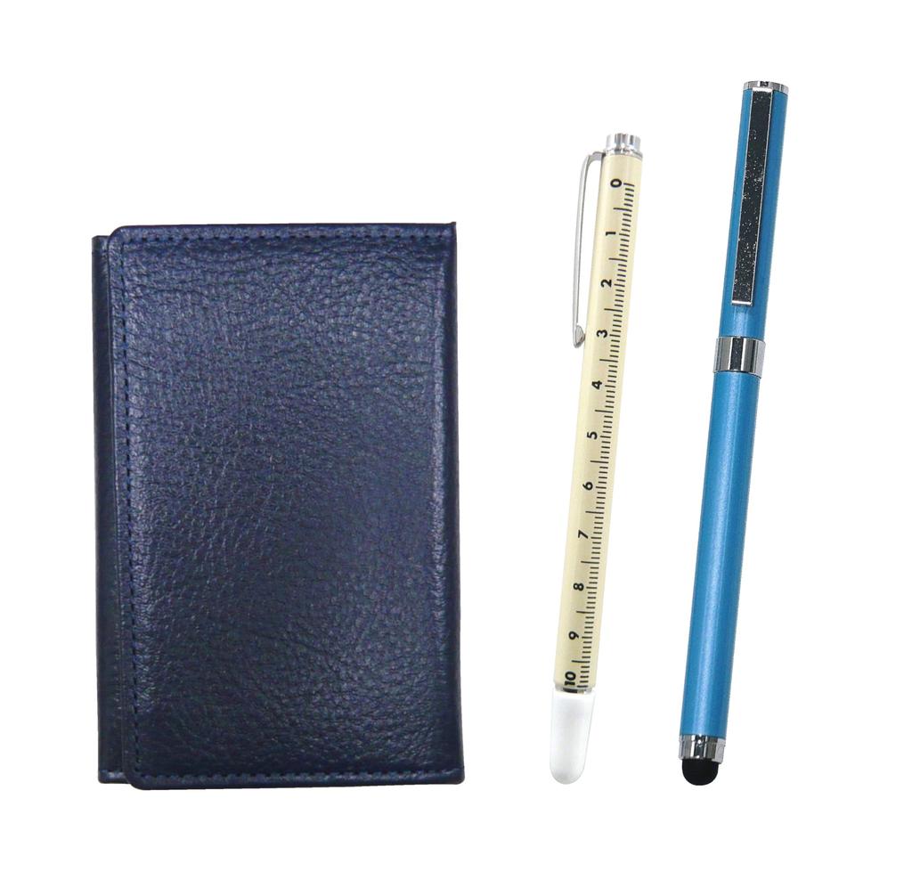 Blue Grained Leather Business Card Holder with Slide Measuring Smartphone Touch and Metal Cap Ballpoint Pen Extra Set Stick, Function, (Blue
