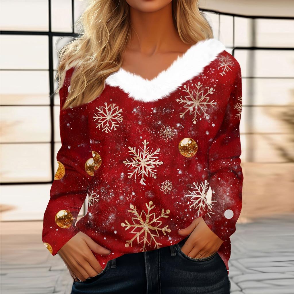 Женская футболка, рождественская рубашка с длинным рукавом, вечерние, рождественский флисовый воротник, топ с v-образным вырезом