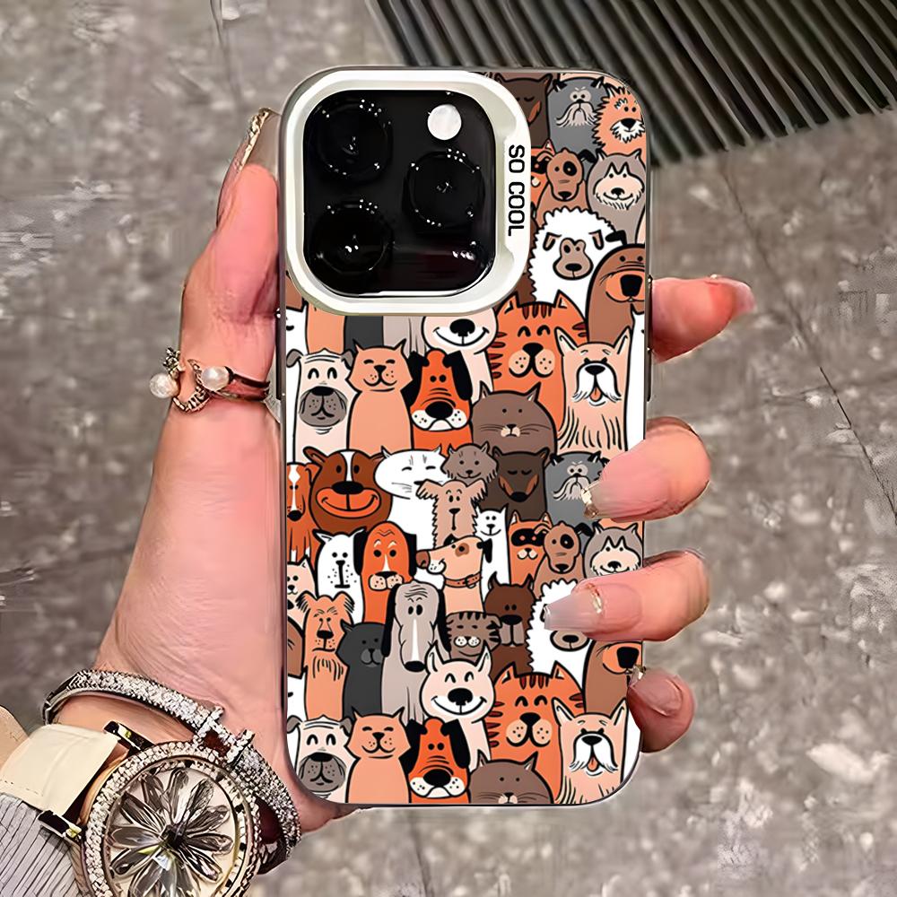 Милый мультяшный чехол для телефона с кошками и собаками для iPhone 17 Pro Max 16 15 14 13 11 12 Mini Xs Xr 8 Plus Se Цвет Серебристый Чехол