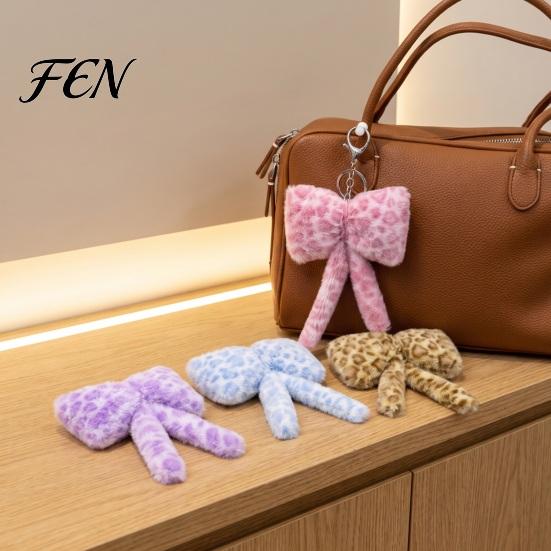 Plush Bow Ornament Leopard Print Keychain, Fluffy Bowknot Bag Charm Keychain with Lobster Clasp, Women Girls Handbag Decorative Accessory