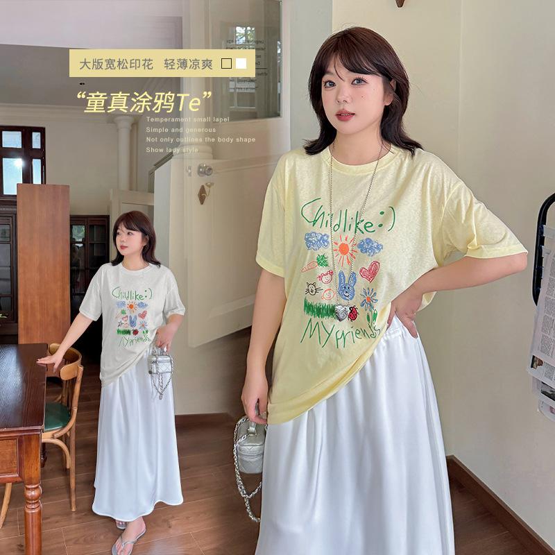 Large size age-reducing graffiti printing T-shirt summer new cool pullover versatile top 232528