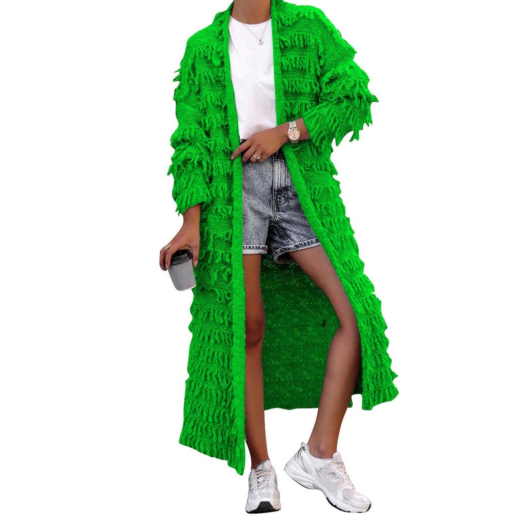 Женская мода свободный повседневный однотонный вязаный кардиган свитер куртка с бахромой