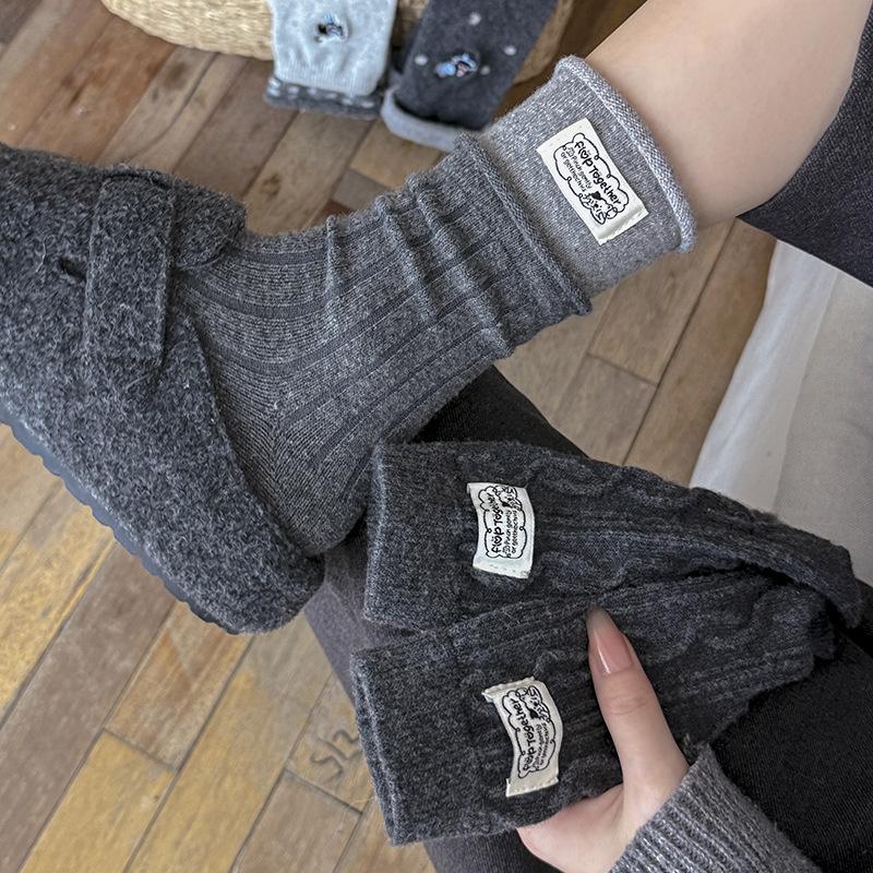 Шерстяные носки Детские носки для складывания Сезонные Утепленные Теплые Корейские Серые С вышивкой Кошка В полоску Тканевая этикетка Носки средней длины