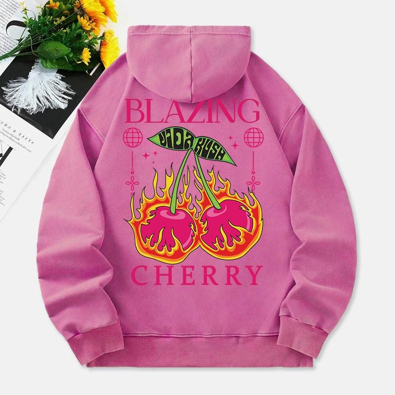 Ярко-вишневые выстиранные худи женские с винтажными принтами, хлопковые пуловеры, состаренный карман, оверсайз, одежда с капюшоном
