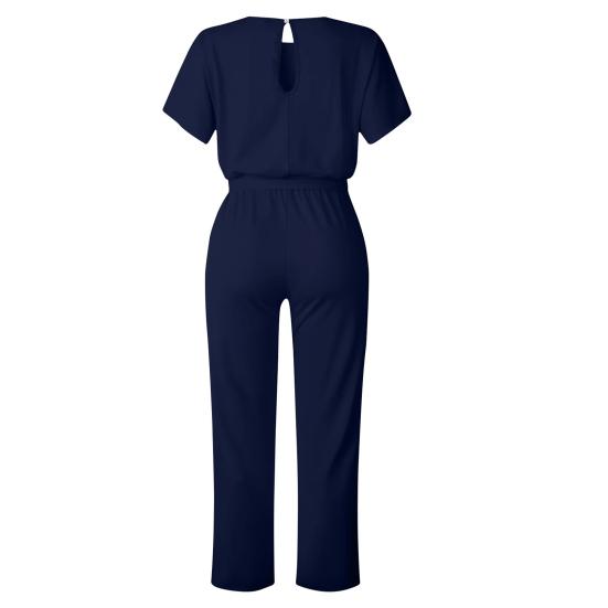 Women's Short Sleeve Jumpsuit Tie Waist Belted Straight Wide Leg Pant Romper Casual Crew Neck One-piece Overall